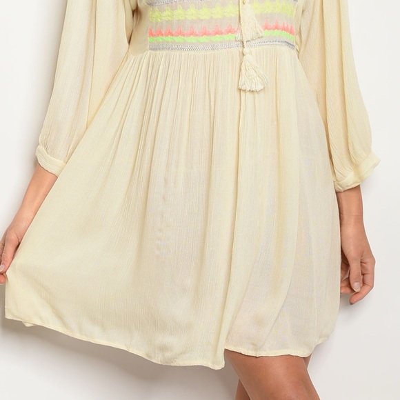 Brand New Boho Chic Beige & Neon Embroidered Dress - Picture 5 of 5